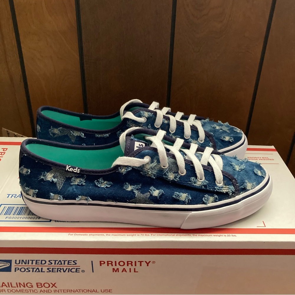 Keds Shoes Womens 10 Blue Distressed Denim Stars Low Top Lace Up Sneakers